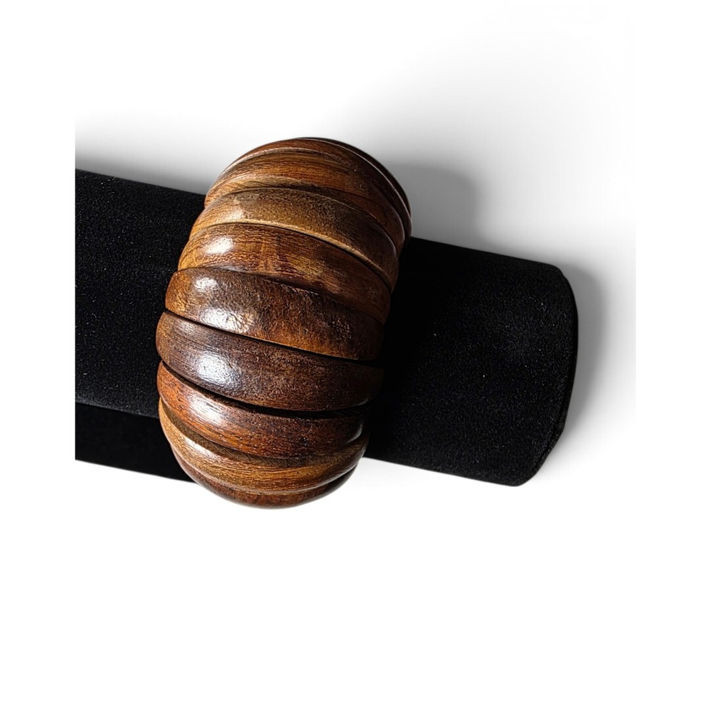 Vintage Wooden Stretch Bangle Bracelet Southwestern Boho Dark Wood Chunky Cuff